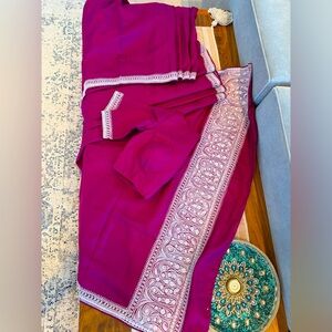 Elegant Kashmiri Silk Saree with Silver Hand Work- Brand New!